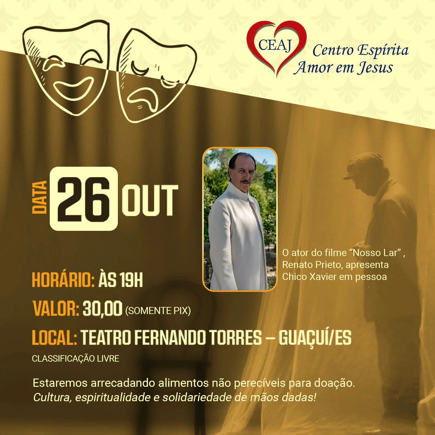 Ingresso peça de teatro: Renato Prieto em CHICO XAVIER em Pessoa - Imagem 2